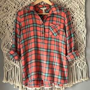 Matilda Jane Plaid Lace Hem Rolled Cuff Pullover Rayon Blouse Shirt